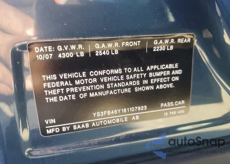2008 Saab 9-3 2.0T from USA, damaged, VIN YS3FB46Y181107923